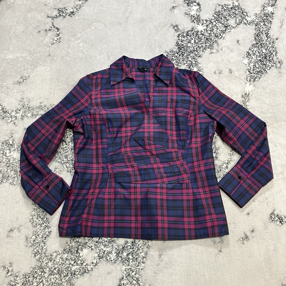 Talbots Plaid Button Front Blouse Womens Size‎ 14 Pink Blue Long Sleeve